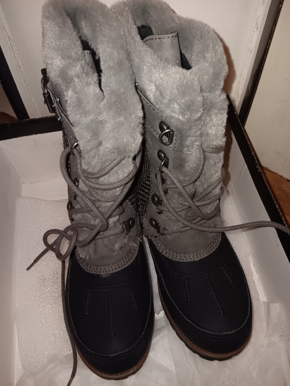 Women's Gray Faux-Fur Lace-Up Winter Boots